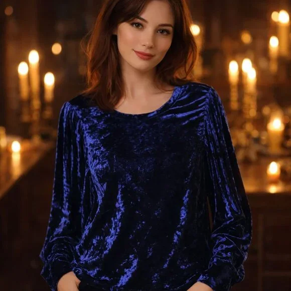 Modcloth Blue Crushed Velvet Top Size 1X Long Sleeve Pullover Stretchy - Picture 1 of 4